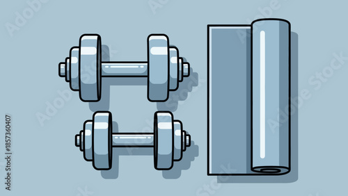 Dumbbells and Gym Mat Ready for Home Workout.