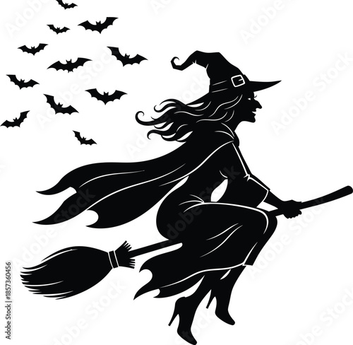 Flying Witch Silhouette Halloween Vector Illustration