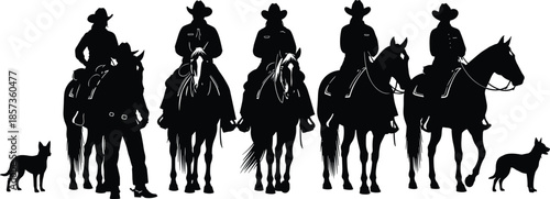 cowboy silhouettes western riders on horseback, ranch lifestyle, horses dogs, wild west scene, country culture, black vector illustration, isolated background