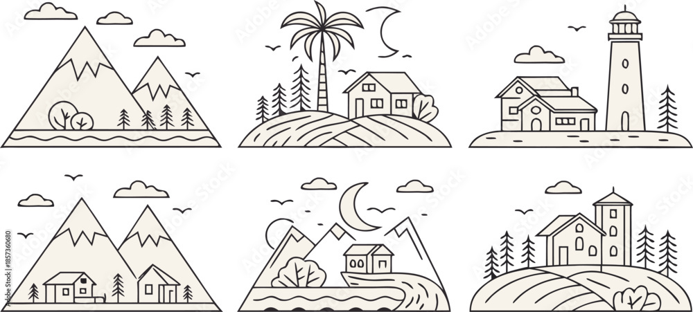 Naklejka premium a collection of minimalist line-art landscape icons, featuring mountains, city buildings, farms, houses, palm trees, lakes, rivers, lighthouses, forests, windmills, and tents — simple geometric outlin