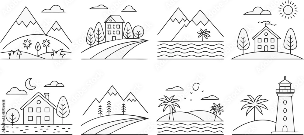 Obraz premium a collection of minimalist line-art landscape icons, featuring mountains, city buildings, farms, houses, palm trees, lakes, rivers, lighthouses, forests, windmills, and tents — simple geometric outlin