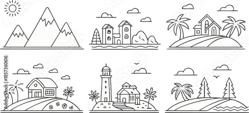 a collection of minimalist line-art landscape icons, featuring mountains, city buildings, farms, houses, palm trees, lakes, rivers, lighthouses, forests, windmills, and tents — simple geometric outlin
