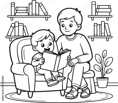 Opposite Day reading scene line art illustration, open book reading a person aloud while the human listens quietly, minimalist black outline illustration, smooth line vector