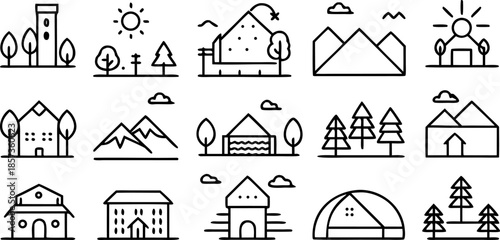 a collection of minimalist line-art landscape icons, featuring mountains, city buildings, farms, houses, palm trees, lakes, rivers, lighthouses, forests, windmills, and tents — simple geometric outlin