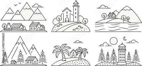 a collection of minimalist line-art landscape icons, featuring mountains, city buildings, farms, houses, palm trees, lakes, rivers, lighthouses, forests, windmills, and tents — simple geometric outlin