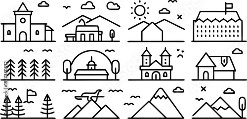 a collection of minimalist line-art landscape icons, featuring mountains, city buildings, farms, houses, palm trees, lakes, rivers, lighthouses, forests, windmills, and tents — simple geometric outlin