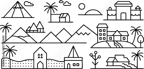 a collection of minimalist line-art landscape icons, featuring mountains, city buildings, farms, houses, palm trees, lakes, rivers, lighthouses, forests, windmills, and tents — simple geometric outlin