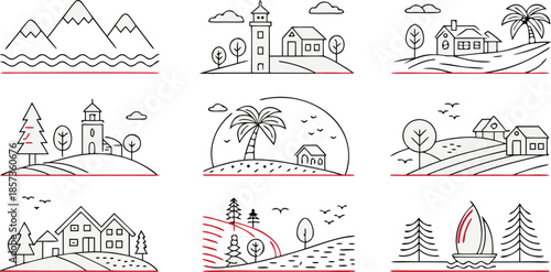 a collection of minimalist line-art landscape icons, featuring mountains, city buildings, farms, houses, palm trees, lakes, rivers, lighthouses, forests, windmills, and tents — simple geometric outlin