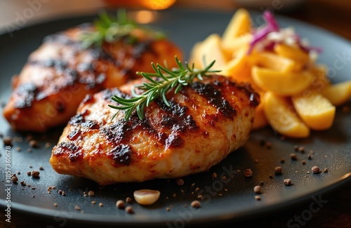 Two juicy grilled chicken breasts served with crispy potato wedges and fresh coleslaw. Rosemary sprigs garnish savory meat and potato side dish. Appetizing dinner meal. © Viktor