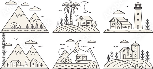 a collection of minimalist line-art landscape icons, featuring mountains, city buildings, farms, houses, palm trees, lakes, rivers, lighthouses, forests, windmills, and tents — simple geometric outlin