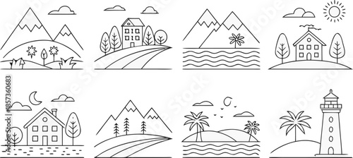a collection of minimalist line-art landscape icons, featuring mountains, city buildings, farms, houses, palm trees, lakes, rivers, lighthouses, forests, windmills, and tents — simple geometric outlin