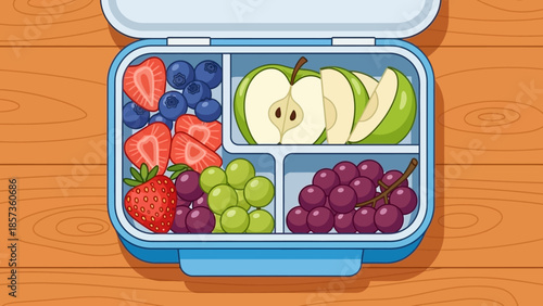 Fresh colorful fruit lunch box with sliced pieces and compartments.