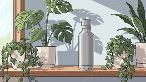 Lush Indoor Plant Shelf with Glass Water Bottle.