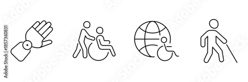 Disability inclusion icon set, prosthetic hand assistance, wheelchair caregiver support, global accessibility equality, blind person guidance illustration.