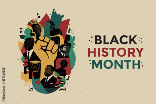 Black History Month illustration with raised fist, African American figures, and cultural elements symbolizing freedom, equality, and heritage.