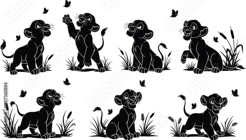 cute lion cub silhouette collection, playful cartoon wildlife animals, black vector illustration, kids art, nature jungle, set, isolated white background