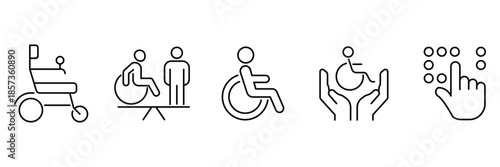 Disability support icon set, wheelchair mobility assistance, accessible communication service, inclusion care hands, braille interface accessibility illustration.