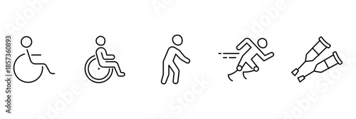 Disability mobility icon set, wheelchair active lifestyle, walking rehabilitation therapy, running prosthetic sport, crutches injury support illustration.