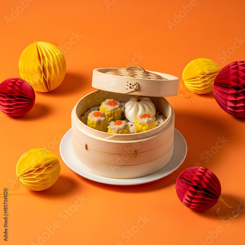 Delicious dim sum in bamboo steamer with colorful lanterns