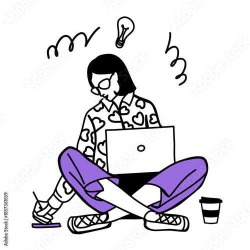 Person in purple outfit with patterned shirt, sitting on floor with laptop on their lap. Designer or creative professional.