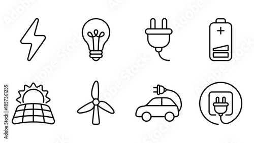 Minimalist vector outline icons for green energy, solar power, and electricity. Includes battery, wind turbine, and EV car symbols for UI/UX design.