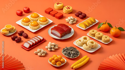 Vibrant Chinese New Year feast with traditional delicacies and snacks