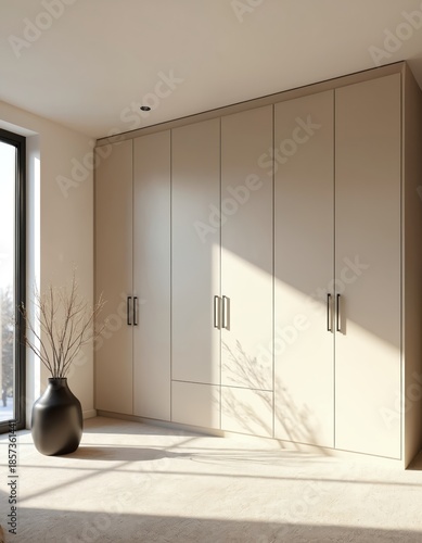 Modern neutral room with large built-in wardrobe and window. Sunlight streams across floor casting shadows. Minimalist style, empty space, natural light create calm atmosphere. © Viktor