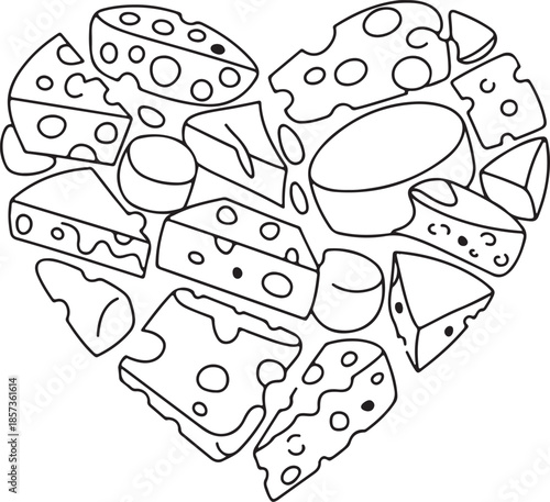 Line art vector of a heart made entirely from various cheese silhouettes, including holes, rinds, and cracks, romantic food concept for Cheese Lover’s Day, clean outlines only