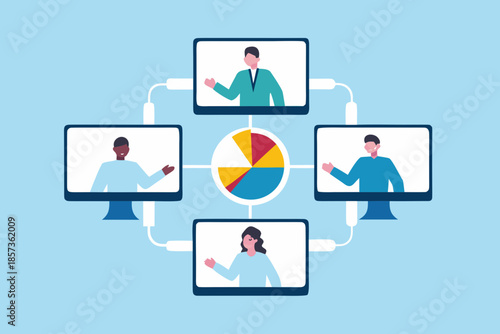 Collaborative virtual meeting with diverse participants and a pie chart presentation