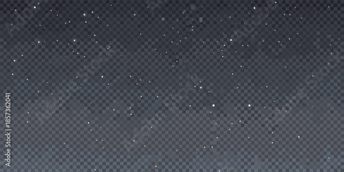 A dark starry night sky with scattered glowing particles on transparent background