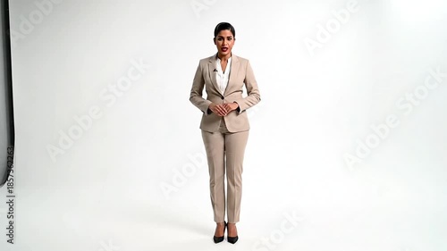 Professional woman in a beige business suit standing against a white background, looking at the camera.