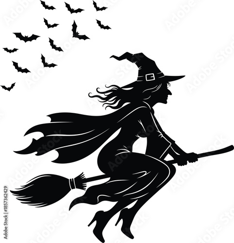 Witch Flying on Broom Halloween Vector