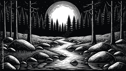 Black and white forest river illustration at night, moonlit pine trees, rocky stream landscape, vintage woodcut style nature art