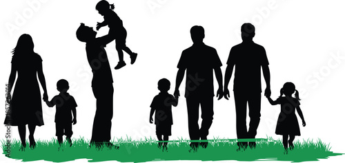 Happy family silhouette walking and playing together outdoors, parents with children bonding, black white illustration isolated background