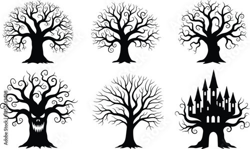 Spooky black tree silhouette collection, fantasy twisted branches, haunted forest elements, gothic nature icons, Halloween design set, isolated white background