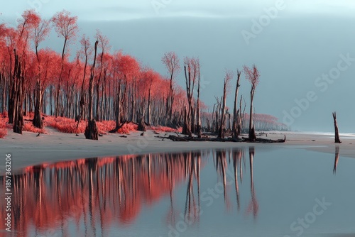 Pink Trees Reflecting On Coastal Landscape