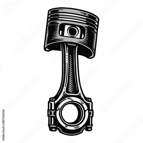 Hand drawn vintage automotive engine piston and connecting rod illustration.