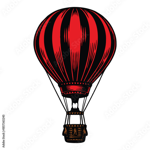 Vintage red and black striped hot air balloon flying high.
