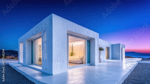 Modern White Rooftop House At Sunset