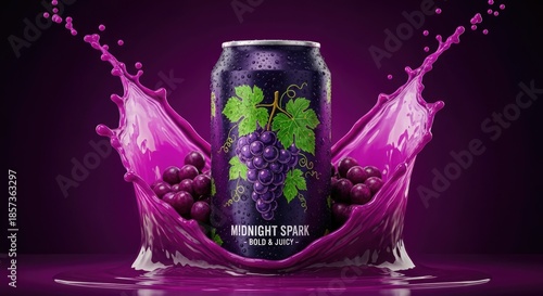 Midnight Spark purple grape soda can with dynamic splash and juicy grapes
