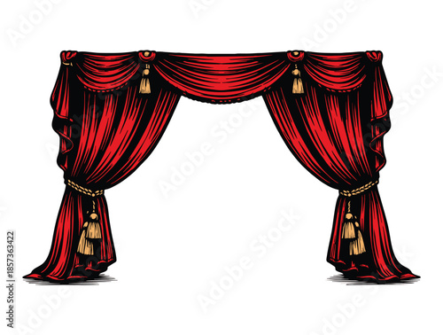 Red velvet theater stage curtains with decorative gold rope tassels.