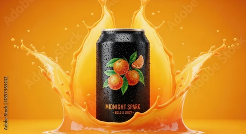 Vibrant orange soda can with splash and dynamic background