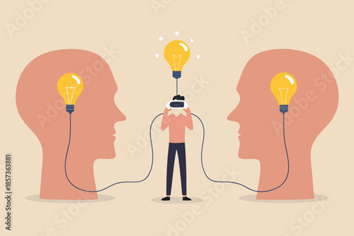 Sharing ideas and innovation a person connected to minds with lightbulbs