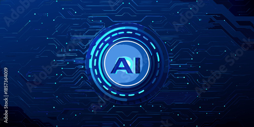Artificial intelligence concept with a glowing circular emblem and digital circuitry