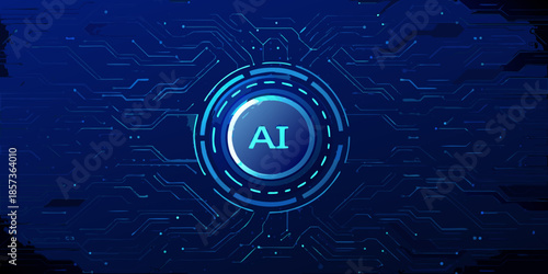 Artificial intelligence concept with a glowing blue circuit board background