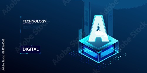 Abstract glowing letter a inside a cube with technology and digital elements