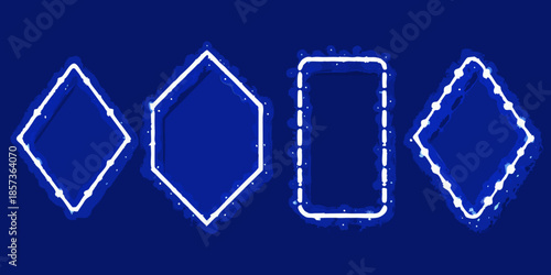 Glowing geometric shapes on a dark blue background featuring diamonds and a rectangle