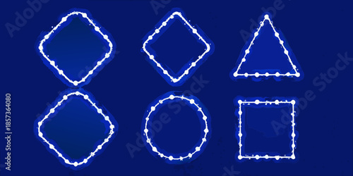 Illuminated geometric shapes on a dark blue background diamonds triangles and squares