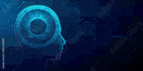 A human profile overlaid with digital circuits and a glowing brain representation