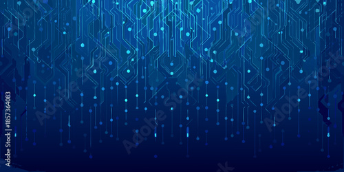 Abstract digital circuit pattern with glowing blue lines and connection points